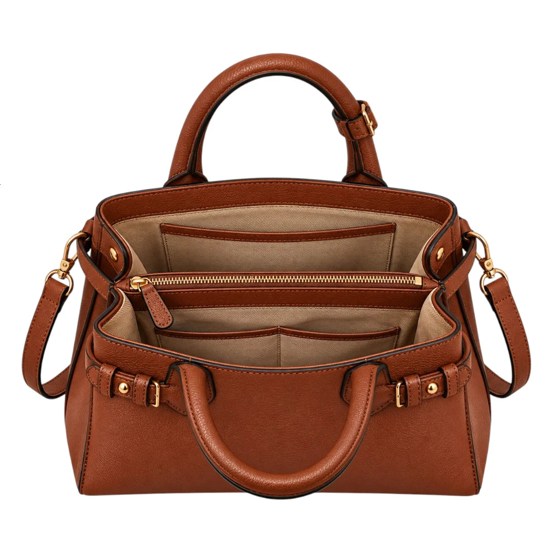 BagCouture Cognac Buckle Faux Leather Satchel Handbag