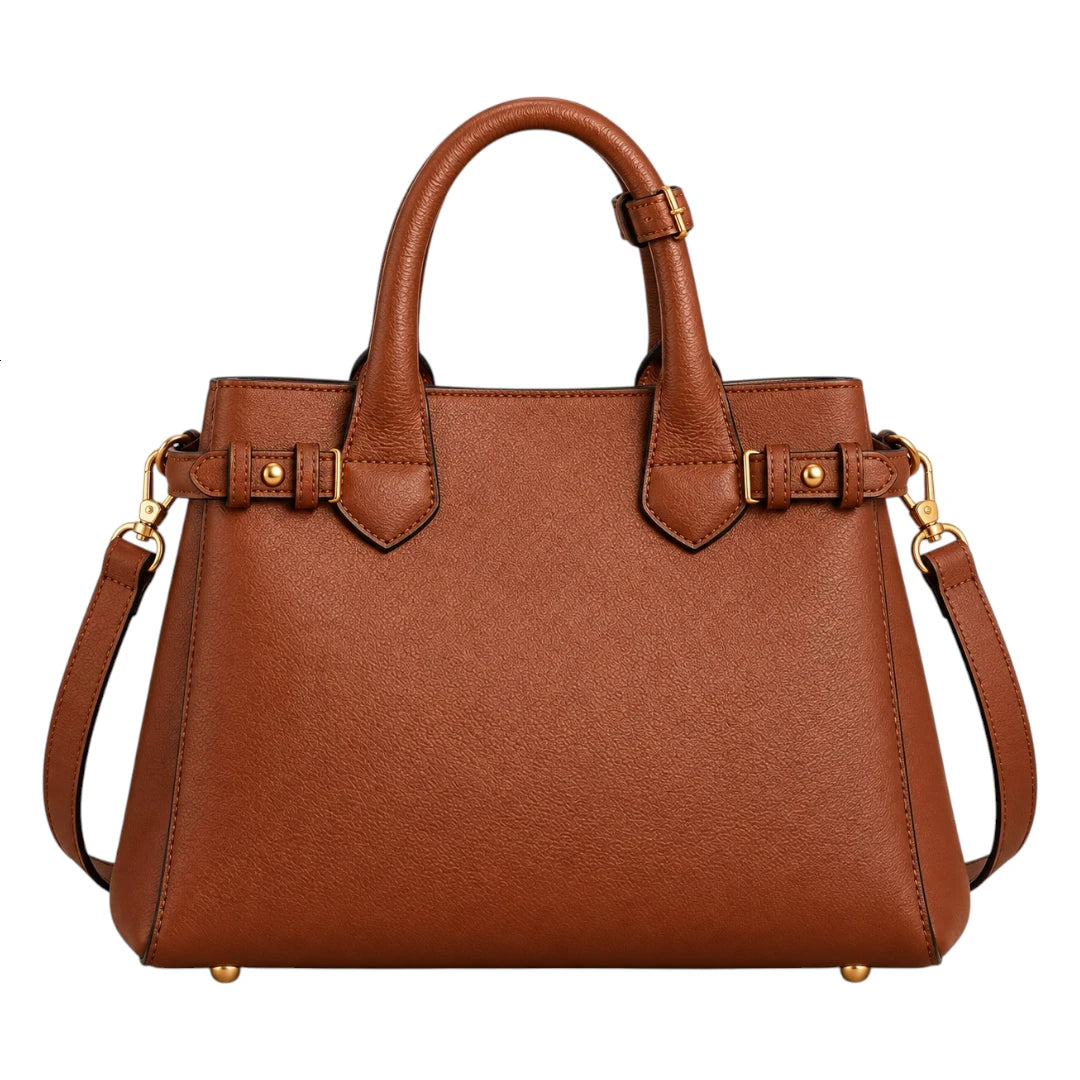 BagCouture Cognac Buckle Faux Leather Satchel Handbag